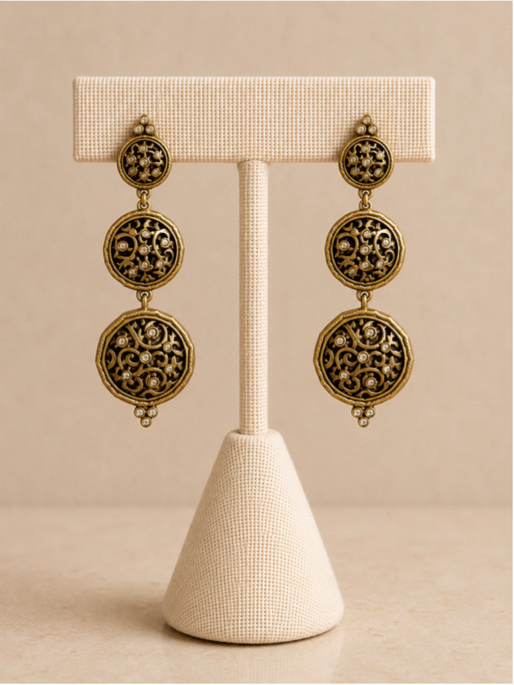 Vintage Gold Tone Filigree Triple Disc Rhinestone Dangle Earrings Boho Statement